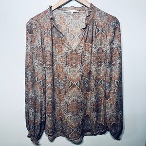 Violet + Claire Blouse Tunic Brown Gray Floral Paisley Fall Balloon Sleeve XL